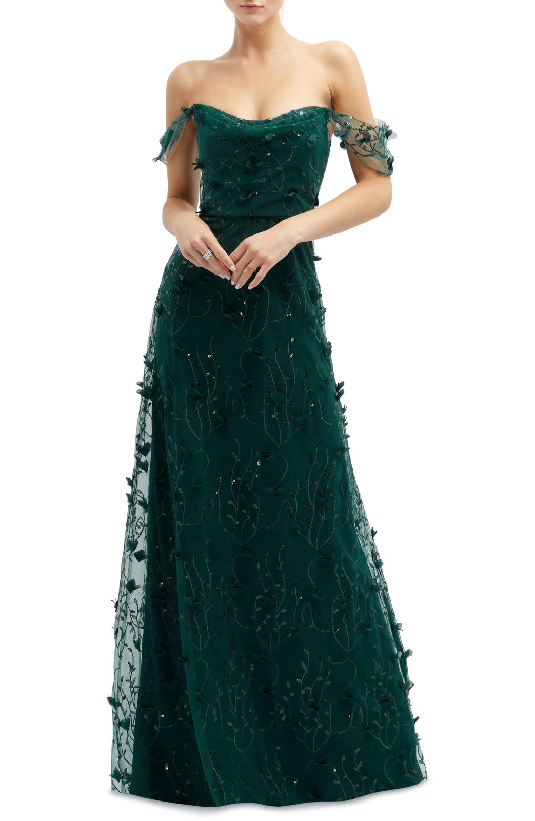 Nwot Dessy Collection Evergreen Floral Embroidered Off The Shoulder Gown Sz 16